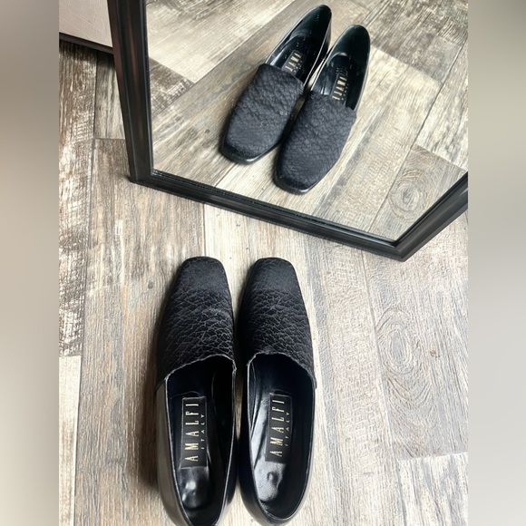 VTG 90s Gothic chic Italian square toe black fabric & leather chunky heels • 7.5 - Picture 12 of 16